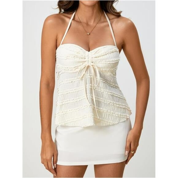 Womens Y2K Peplum Halter Crop Top Ruched Tie Front Spaghetti Strap Cami - Picture 4 of 6